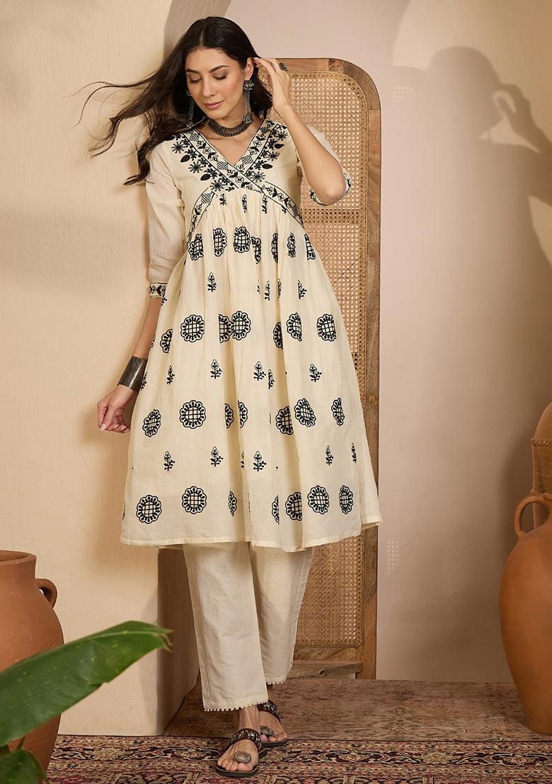 Beige Embroidery Cotton Kurta Set - Indya