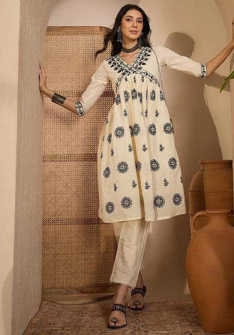 Beige Embroidery Cotton Kurta Set