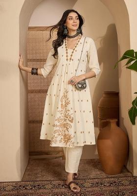 Beige Embroidery Cotton Kurta Set