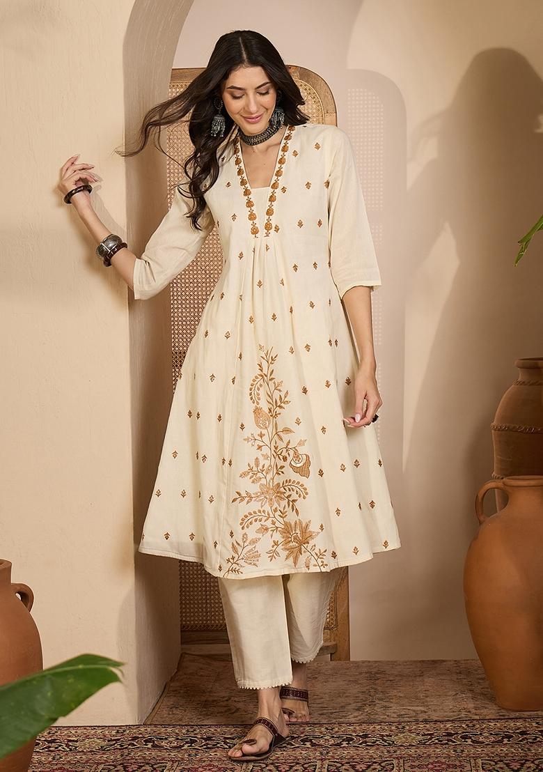 Beige Embroidery Cotton Kurta Set - Indya