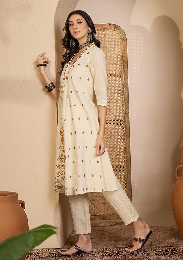 Beige Embroidery Cotton Kurta Set - Indya
