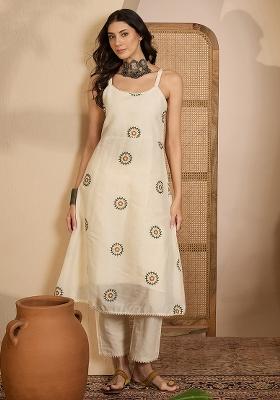 Beige Embroidery Cotton Kurta Set