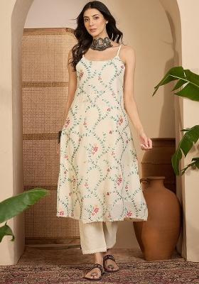Beige Embroidery Cotton Kurta Set