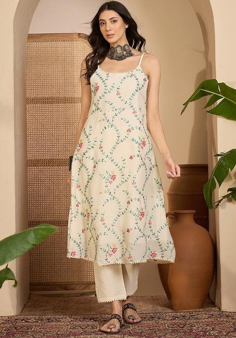 Beige Embroidery Cotton Kurta Set