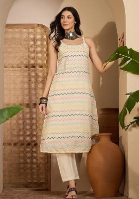 Beige Embroidery Cotton Kurta Set