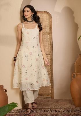Beige Embroidery Cotton Kurta Set
