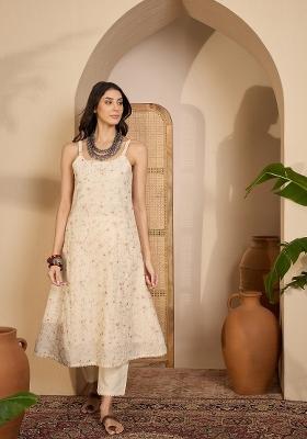 Beige Embroidery Cotton Kurta Set