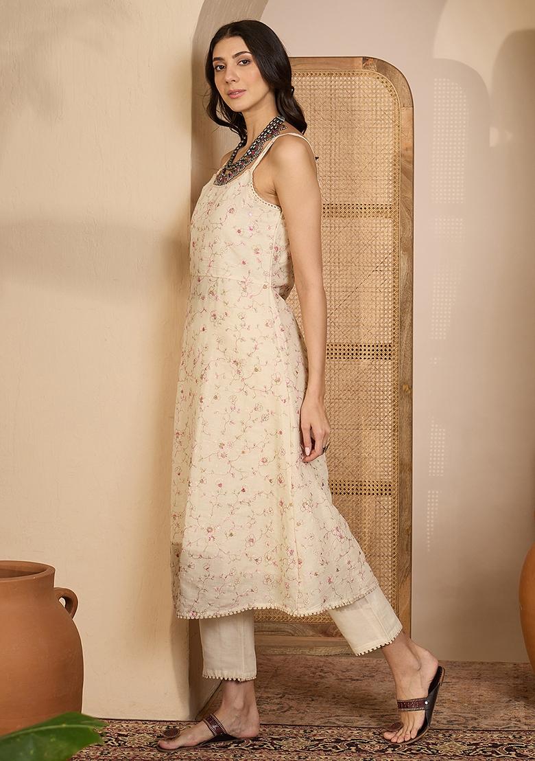 Beige Embroidery Cotton Kurta Set - Indya