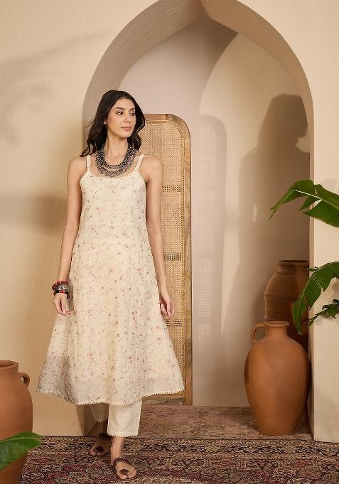 Beige Embroidery Cotton Kurta Set