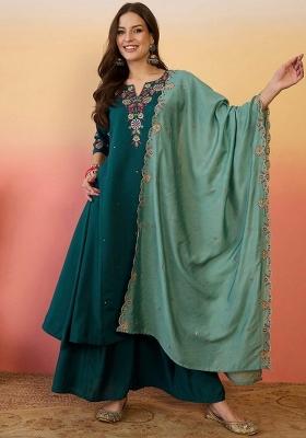 Teal Abstract Print Chanderi Kurta Set