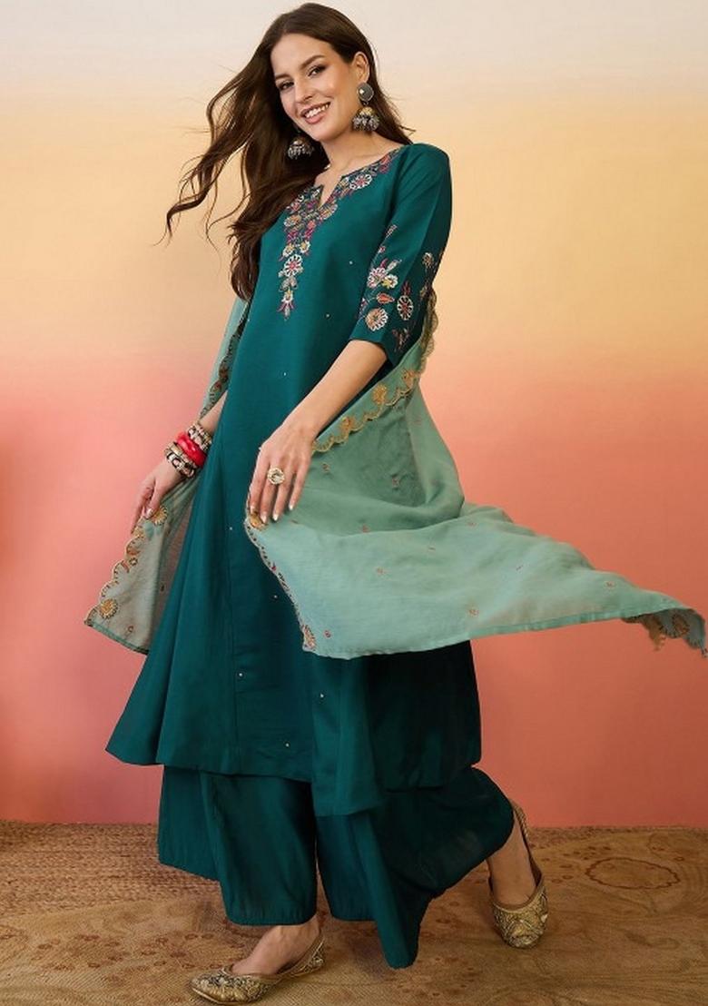 Teal Abstract Print Chanderi Kurta Set - Indya