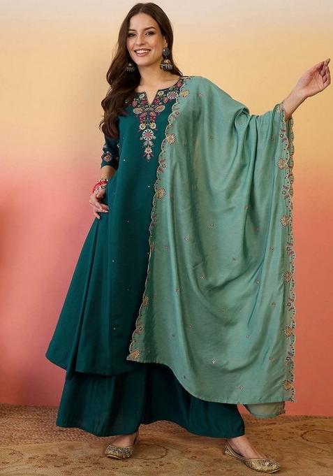 Teal Abstract Print Chanderi Kurta Set