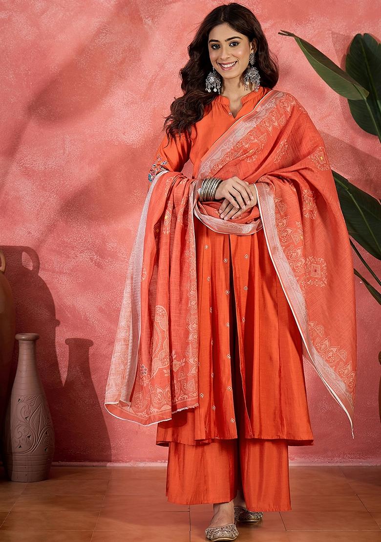 Orange Embroidery Chanderi Kurta Set - Indya