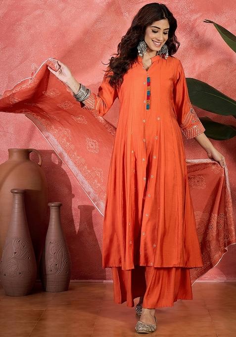 Orange Embroidery Chanderi Kurta Set
