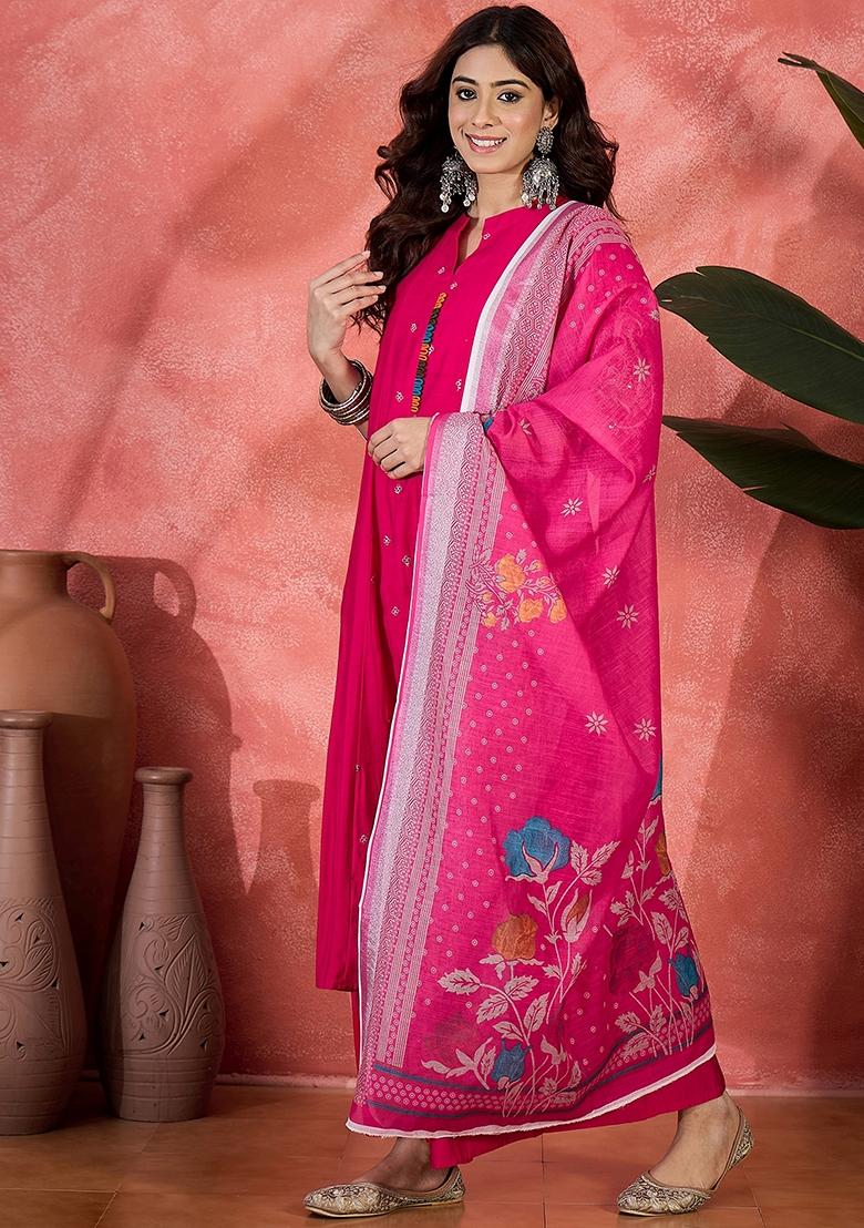 Pink Embroidery Chanderi Kurta Set - Indya