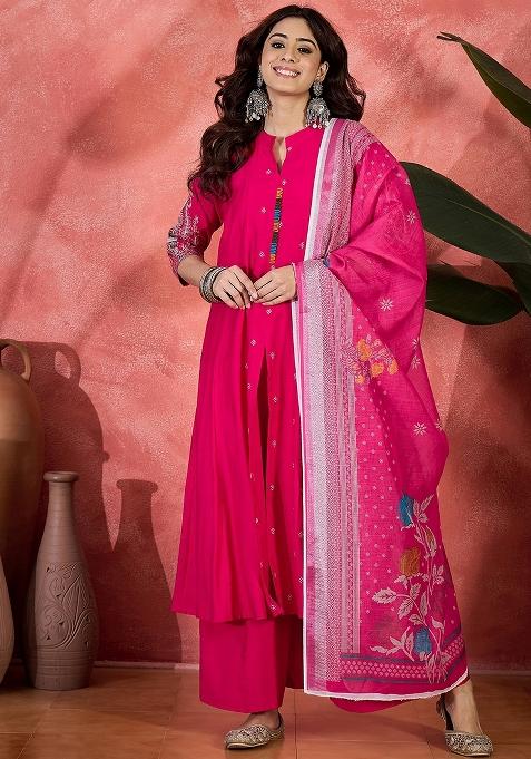 Pink Embroidery Chanderi Kurta Set