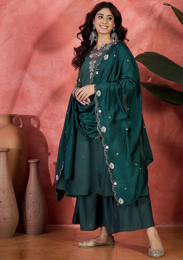 Green Abstract Print Chanderi Kurta Set - Indya