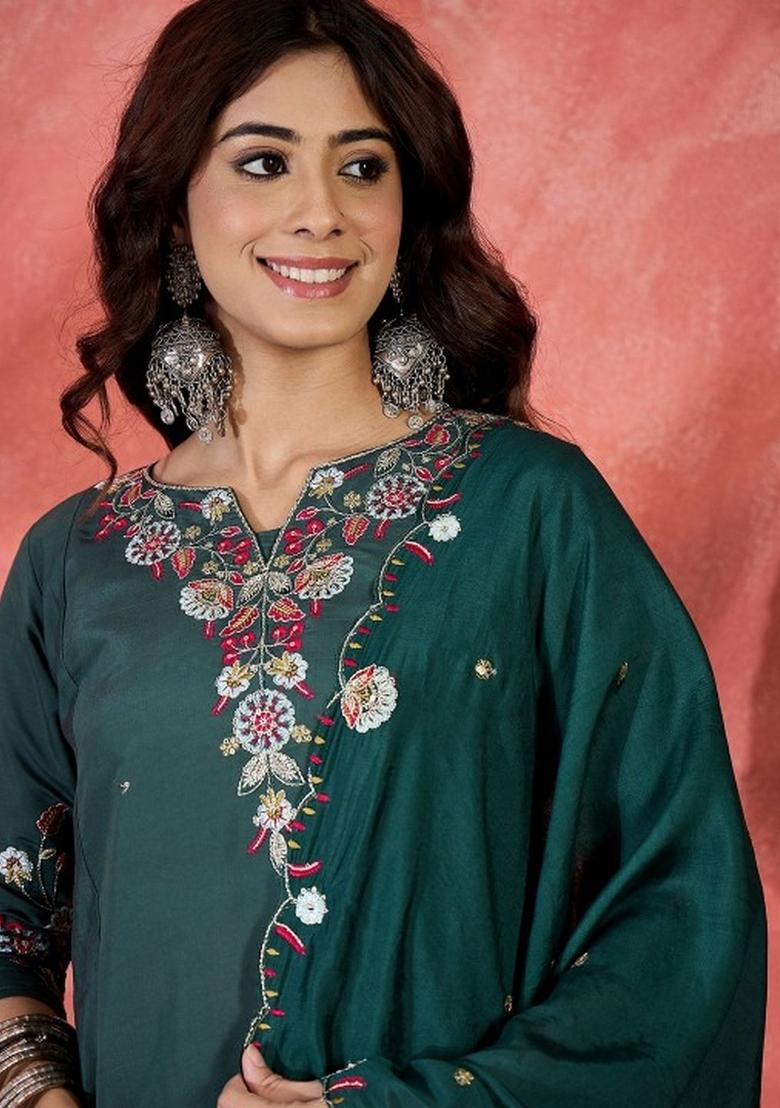 Green Abstract Print Chanderi Kurta Set - Indya