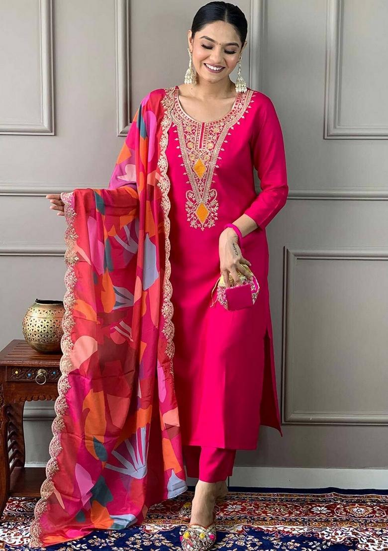 Pink Embroidery Cotton Kurta Set - Indya