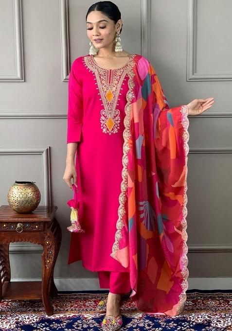 Pink Embroidery Cotton Kurta Set