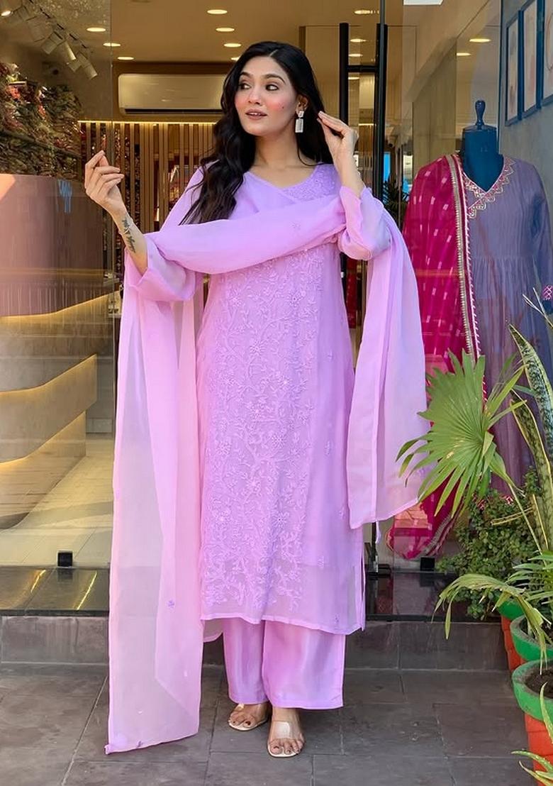 Lavender Embroidery Georgette Kurta Set - Indya