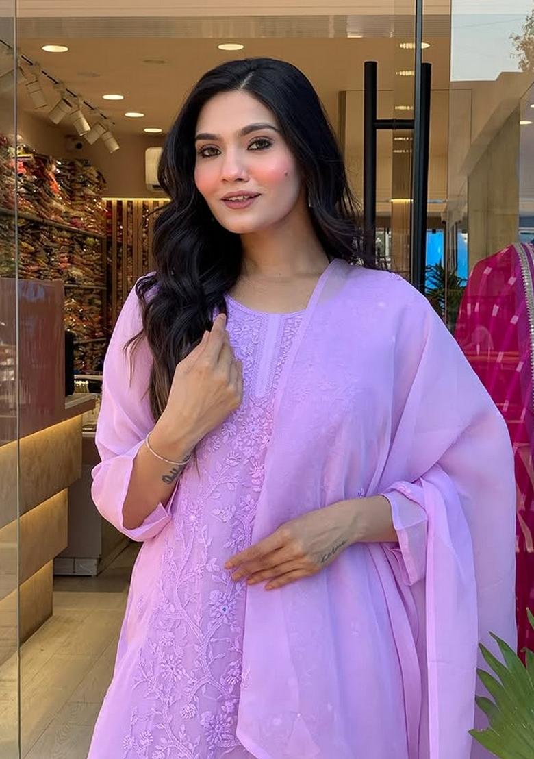 Lavender Embroidery Georgette Kurta Set - Indya