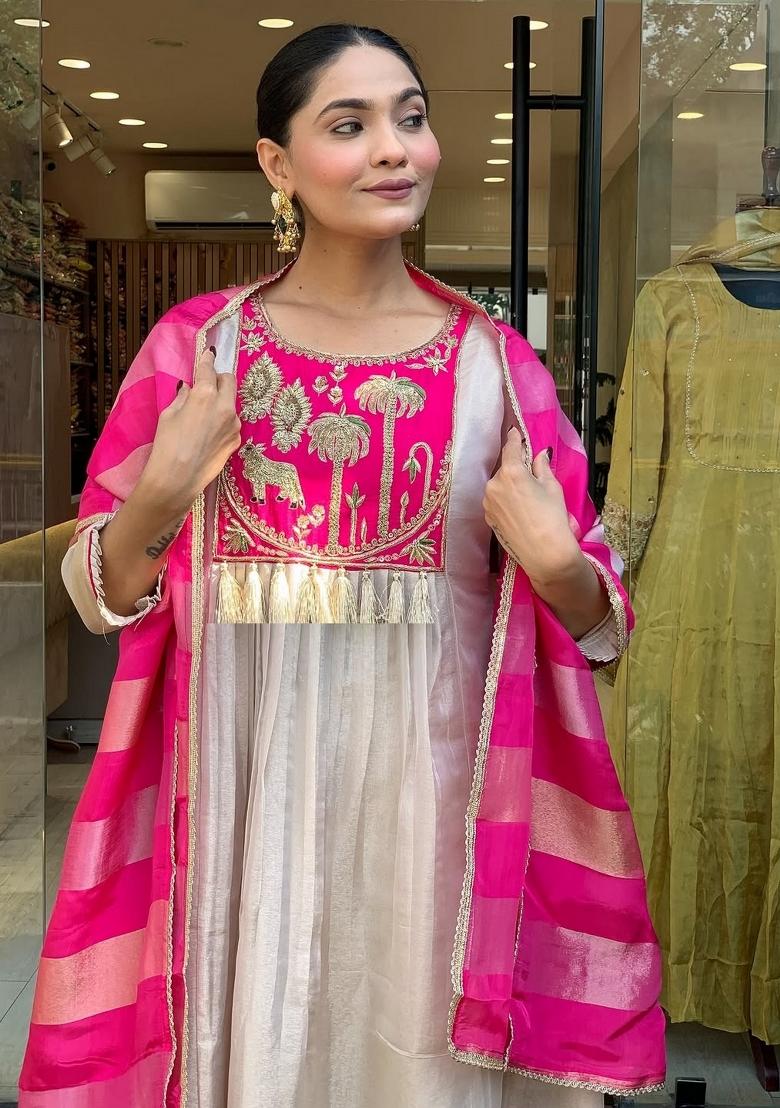 Cream Embroidery Silk Kurta Set - Indya