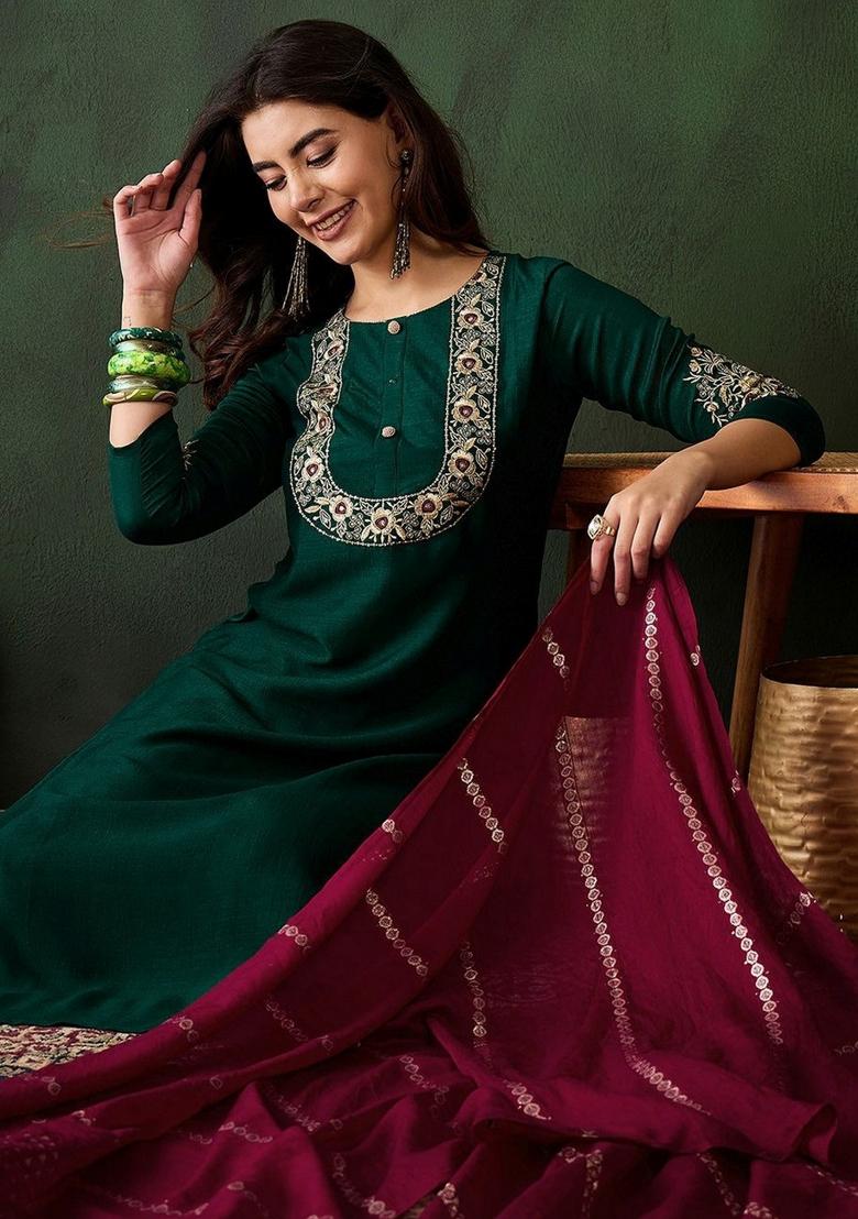 Green Embroidery Silk Kurta Set - Indya