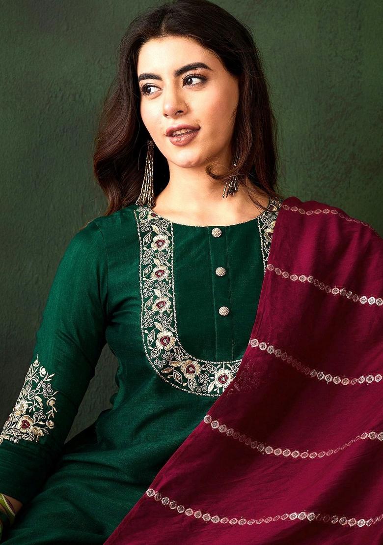 Green Embroidery Silk Kurta Set - Indya