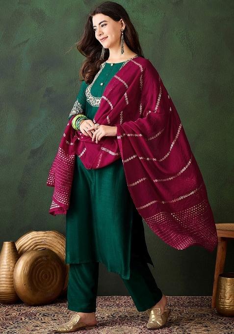 Green Embroidery Silk Kurta Set