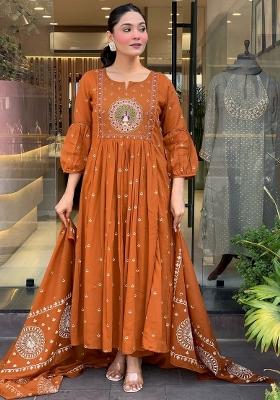 Rust Embroidery Rayon Kurta Set