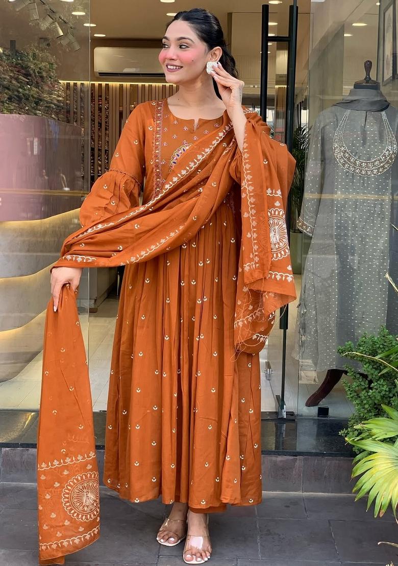 Rust Embroidery Rayon Kurta Set - Indya