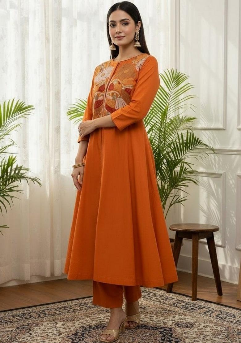 Rust Embroidery Silk Kurta Set - Indya