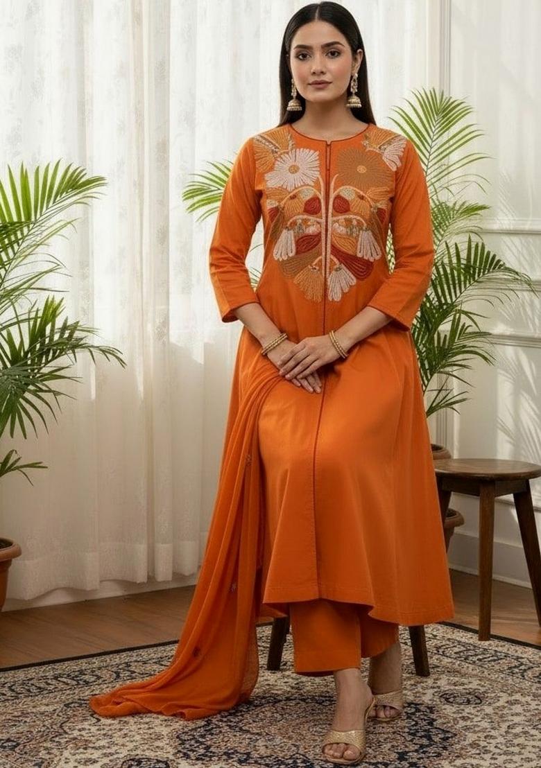 Rust Embroidery Silk Kurta Set - Indya