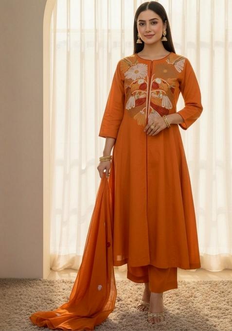 Rust Embroidery Silk Kurta Set