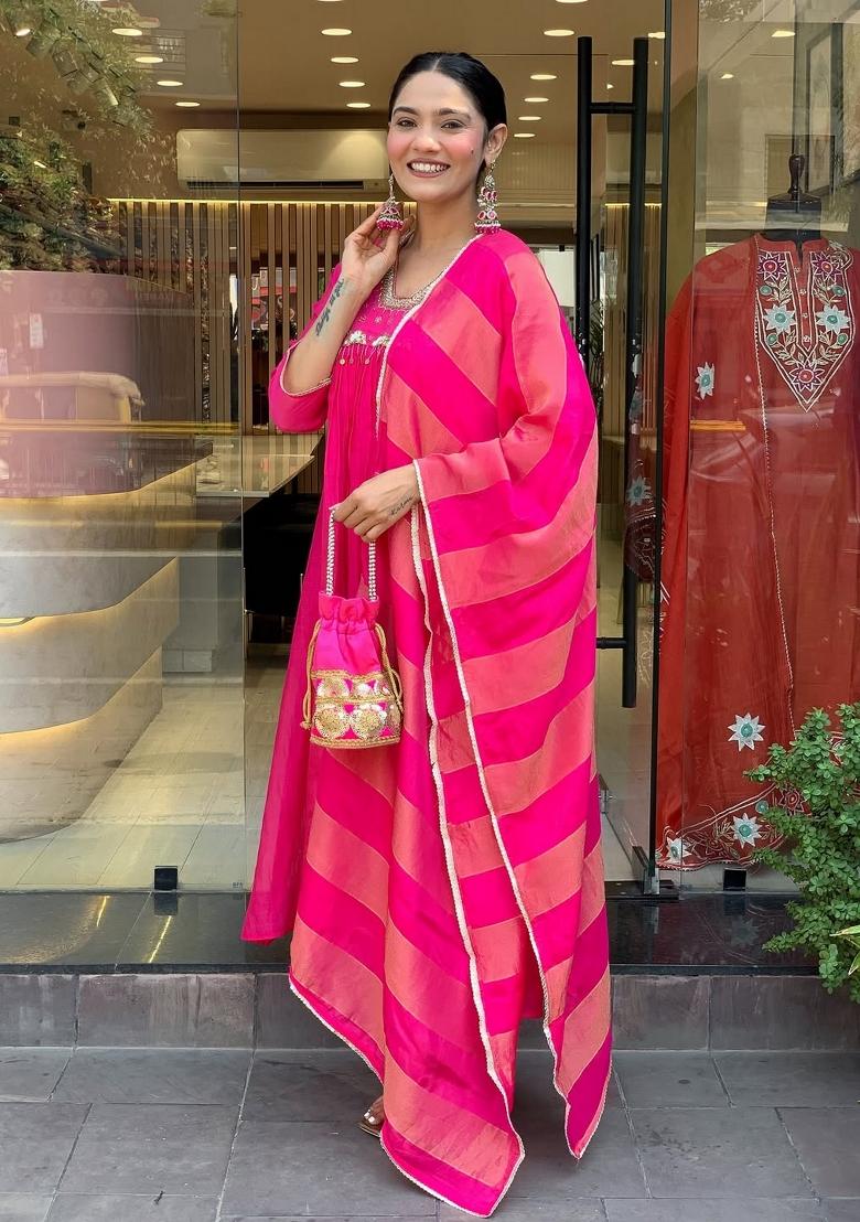 Pink Embroidery Silk Kurta Set - Indya