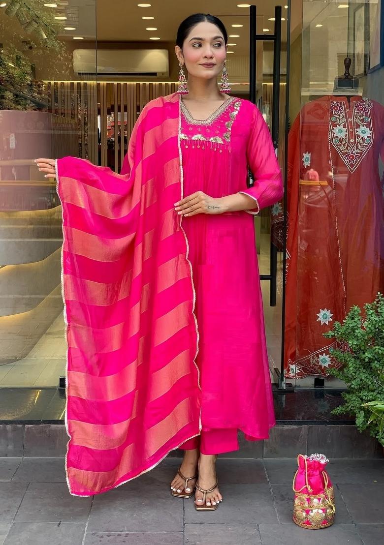 Pink Embroidery Silk Kurta Set - Indya