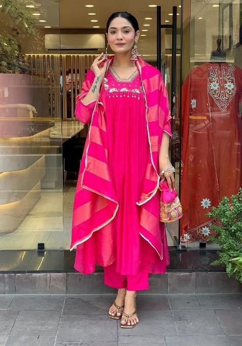 Pink Embroidery Silk Kurta Set