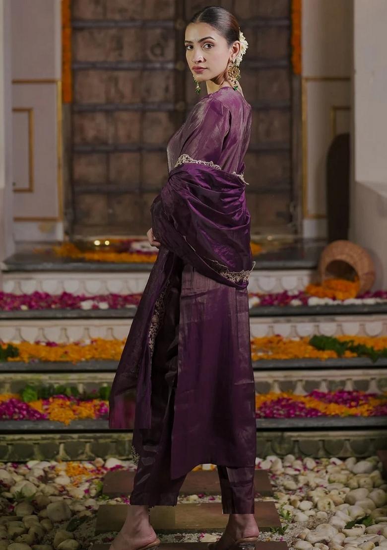 Purple Embroidery Chiffon Kurta Set - Indya