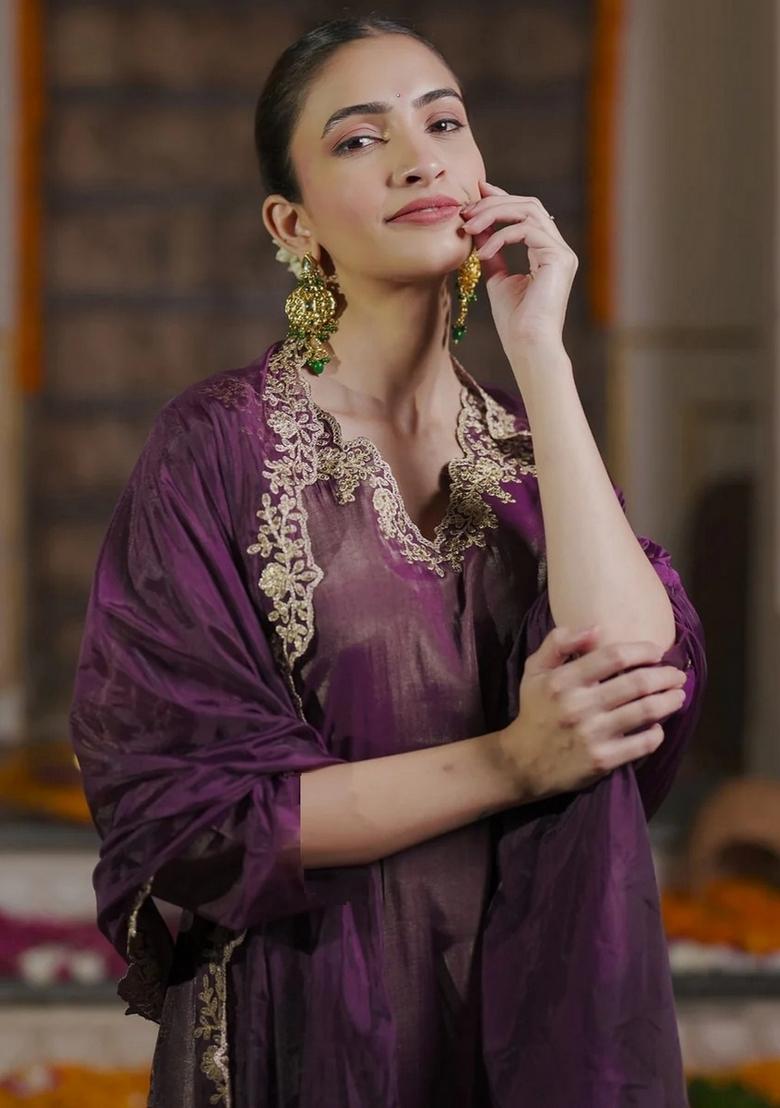Purple Embroidery Chiffon Kurta Set - Indya