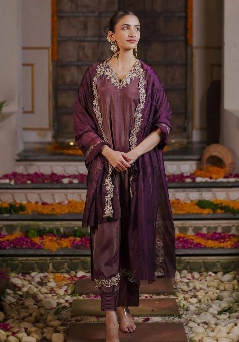 Purple Embroidery Chiffon Kurta Set