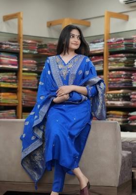 Blue Embroidery Silk Kurta Set