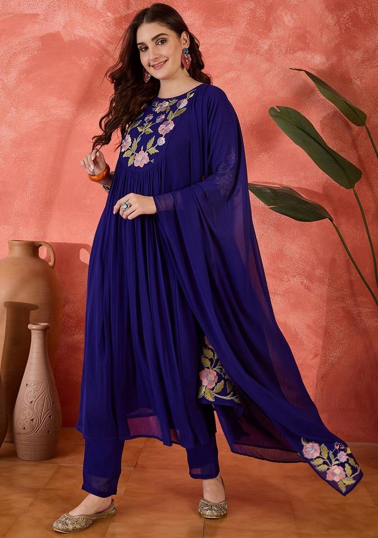 Blue Embroidery Silk Kurta Set - Indya