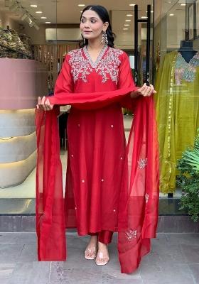 Red Embroidery Silk Kurta Set