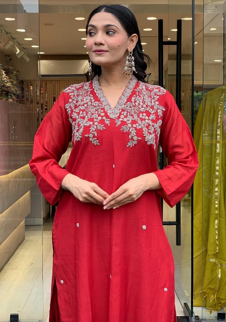 Red Embroidery Silk Kurta Set - Indya