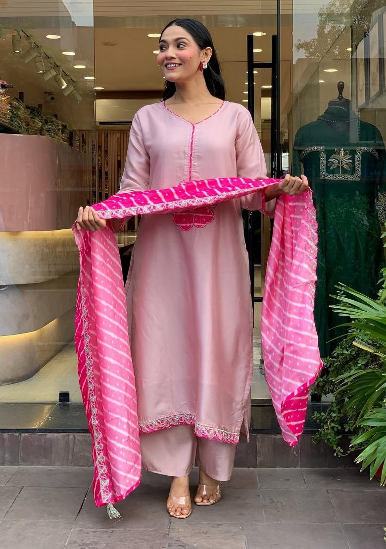 Pink Embroidery Silk Kurta Set - Indya