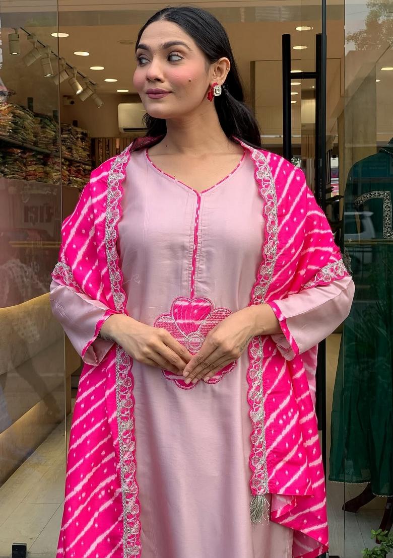 Pink Embroidery Silk Kurta Set - Indya