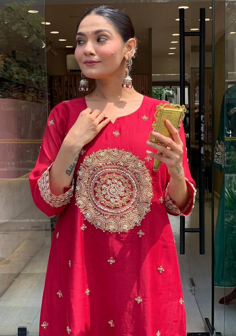 Red Embroidery Silk Kurta Set - Indya