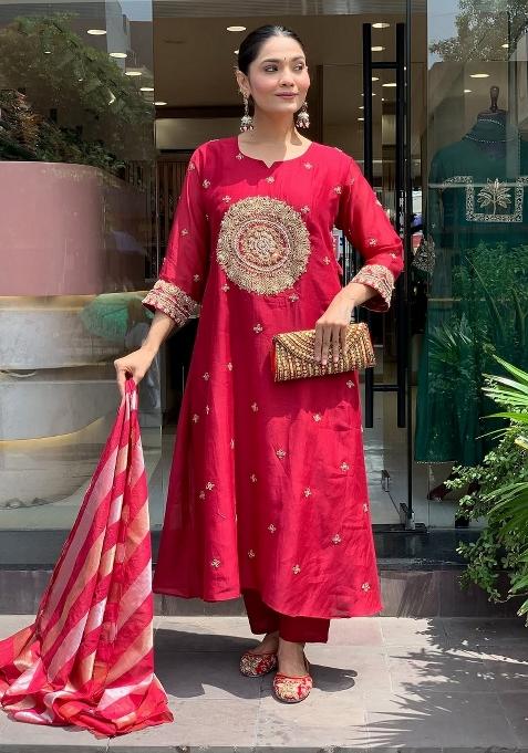 Red Embroidery Silk Kurta Set