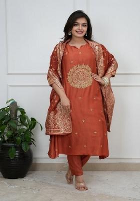 Rust Embroidery Silk Kurta Set